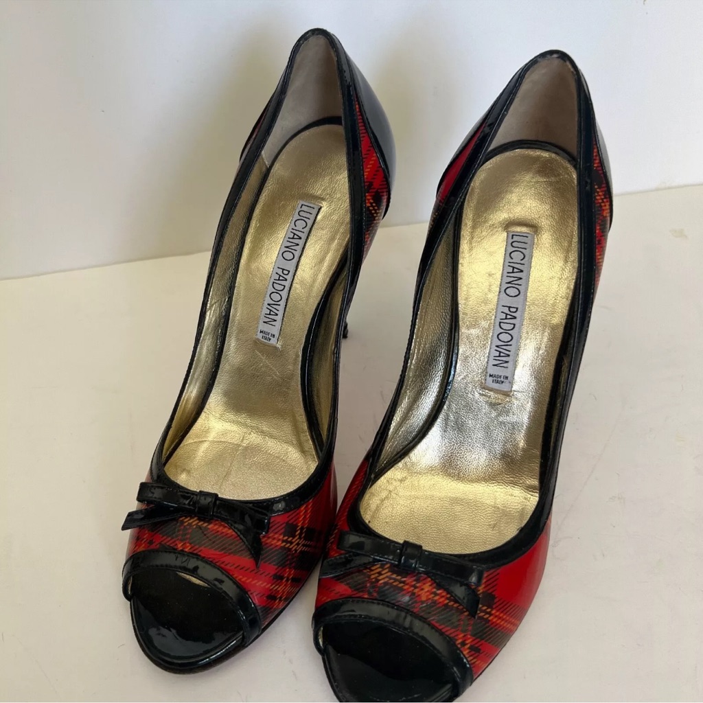 Women's Luciano Padovan Christmas Red Plaid Peep Toe Patent Heels Size 36.5 Us 6